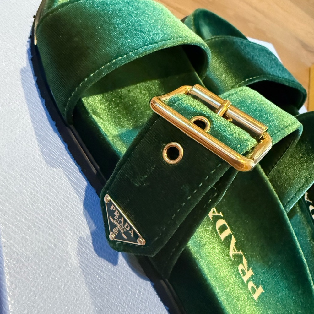 Prada Green Velvet Slide Sandals - Picture 8 of 11